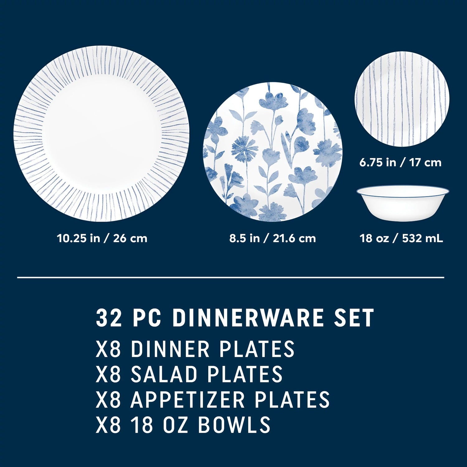  Botanical Stripes 32 pc dinnerware set with text 8 dinner plates, salad plates, appetizer plates and 18-oz bowls