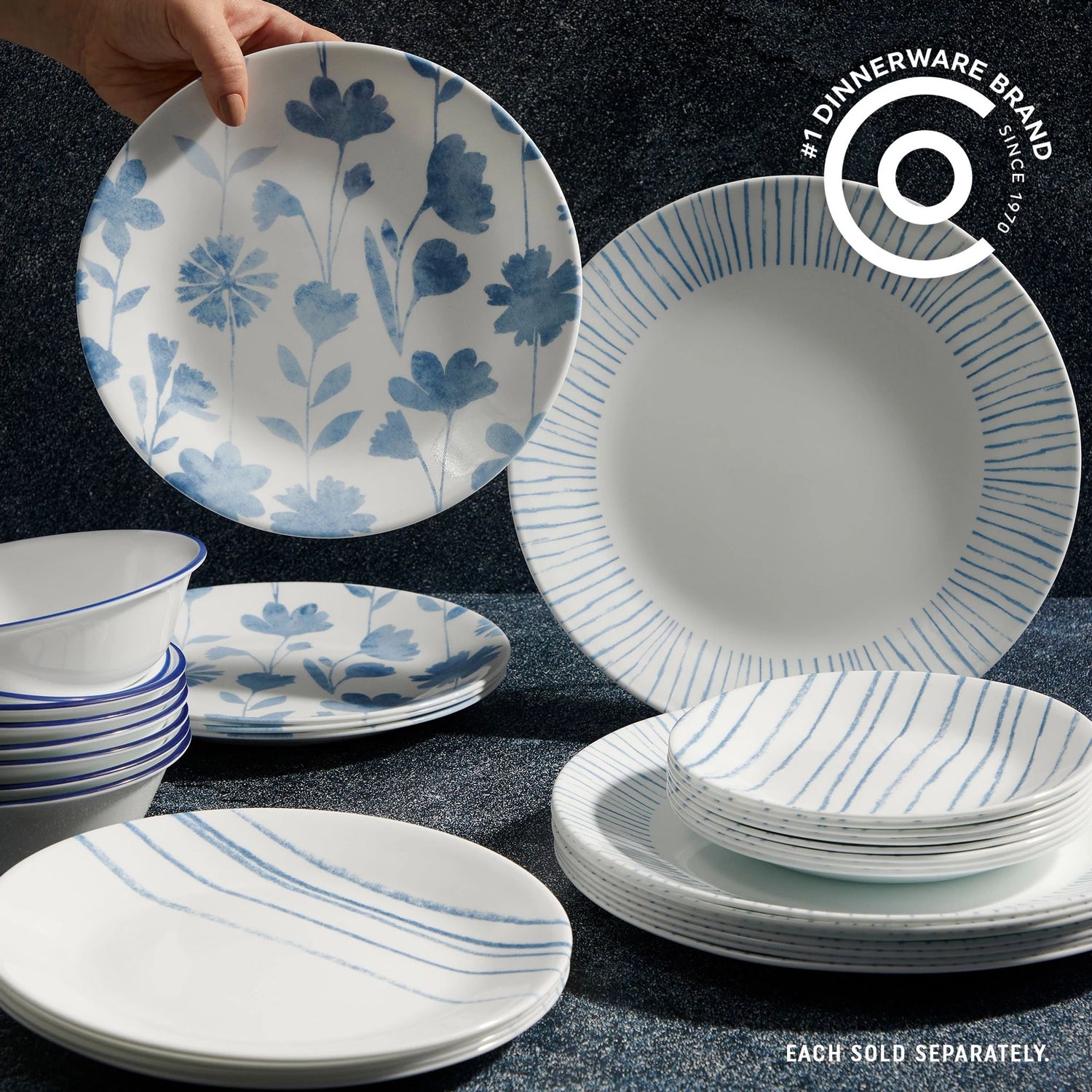  Botanical Stripes Dinnerware on tabletop with text #1 dinnerware brand