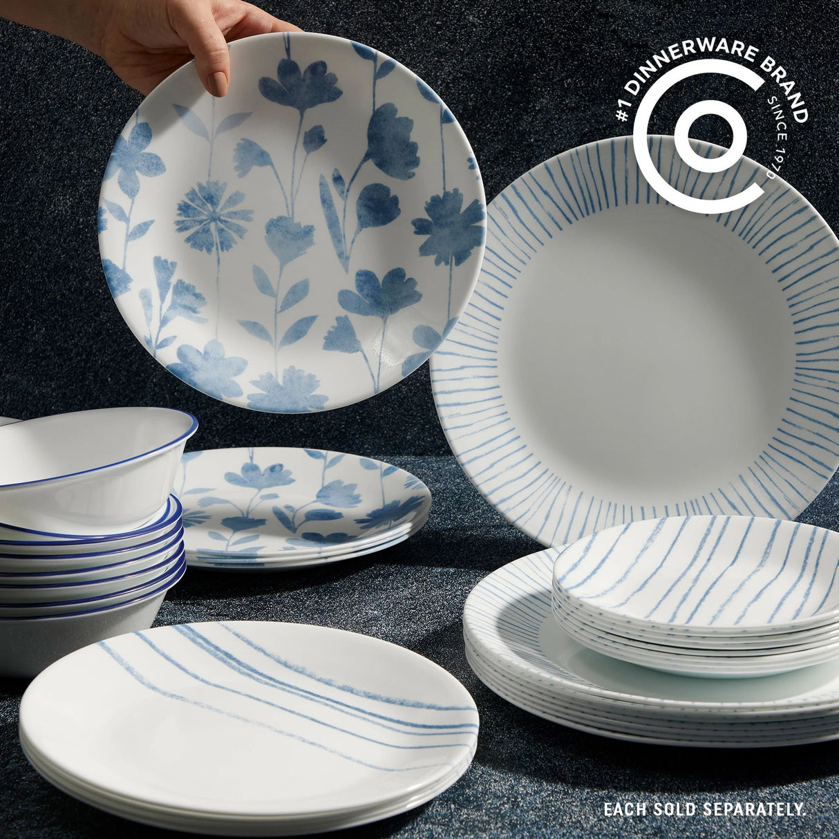  Botanical Stripes Dinnerware on tabletop with text #1 dinnerware brand