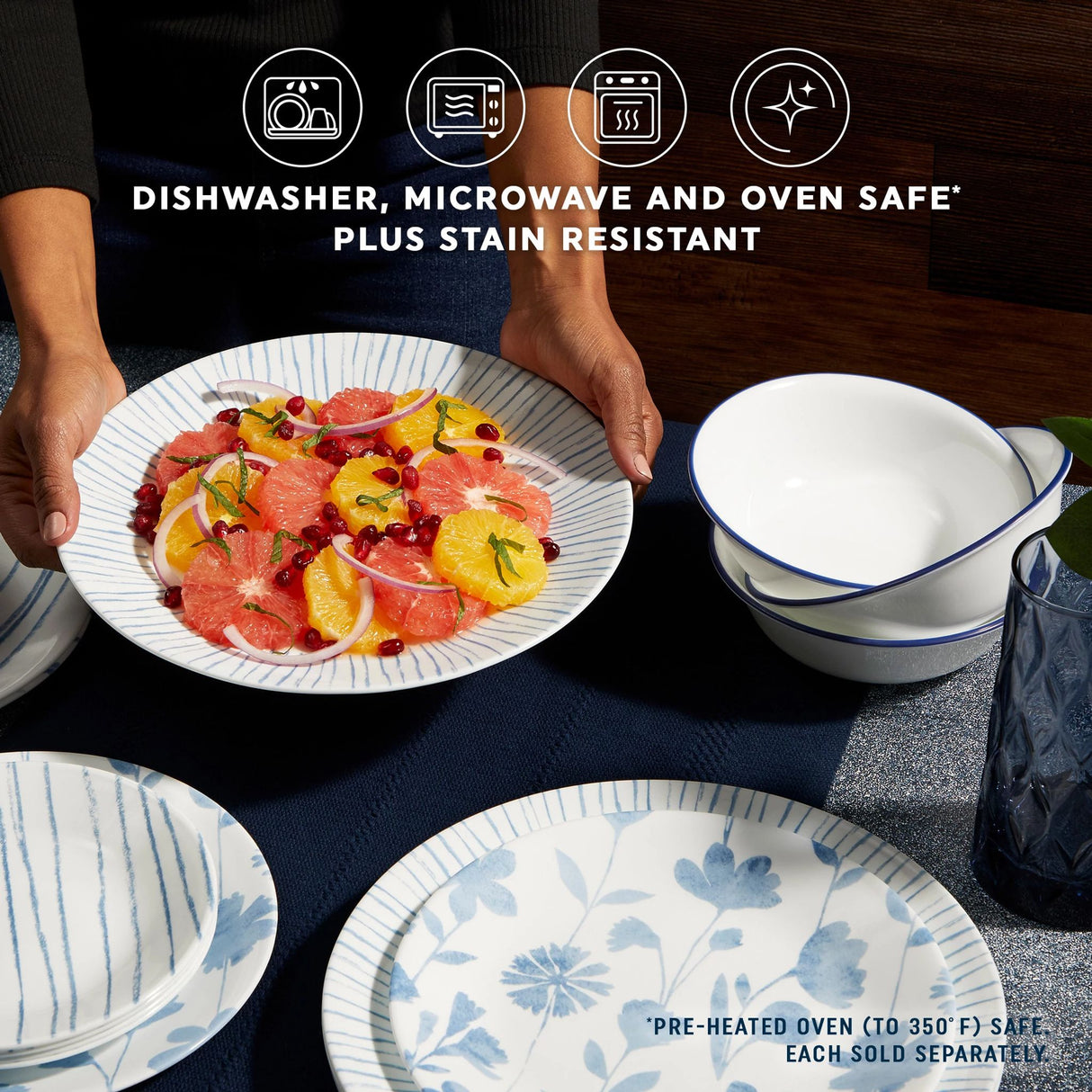  Botanical Stripes Dinnerware on tabletop with text dishwasher, microwave, and oven safe plus stain resistant