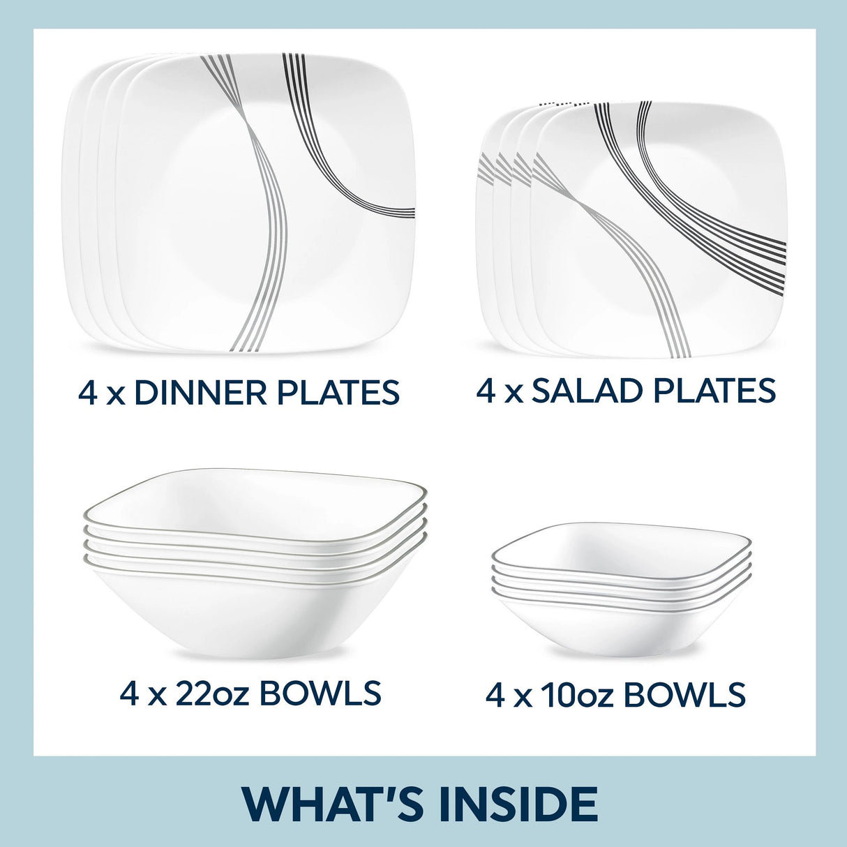  Photo of 16pc dinnerware pieces with text that says what's inside