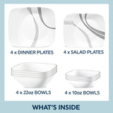  Photo of 16pc dinnerware pieces with text that says what's inside