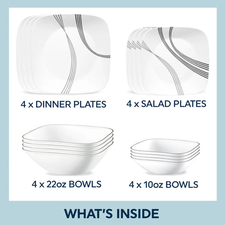  Photo of 16pc dinnerware pieces with text that says what's inside