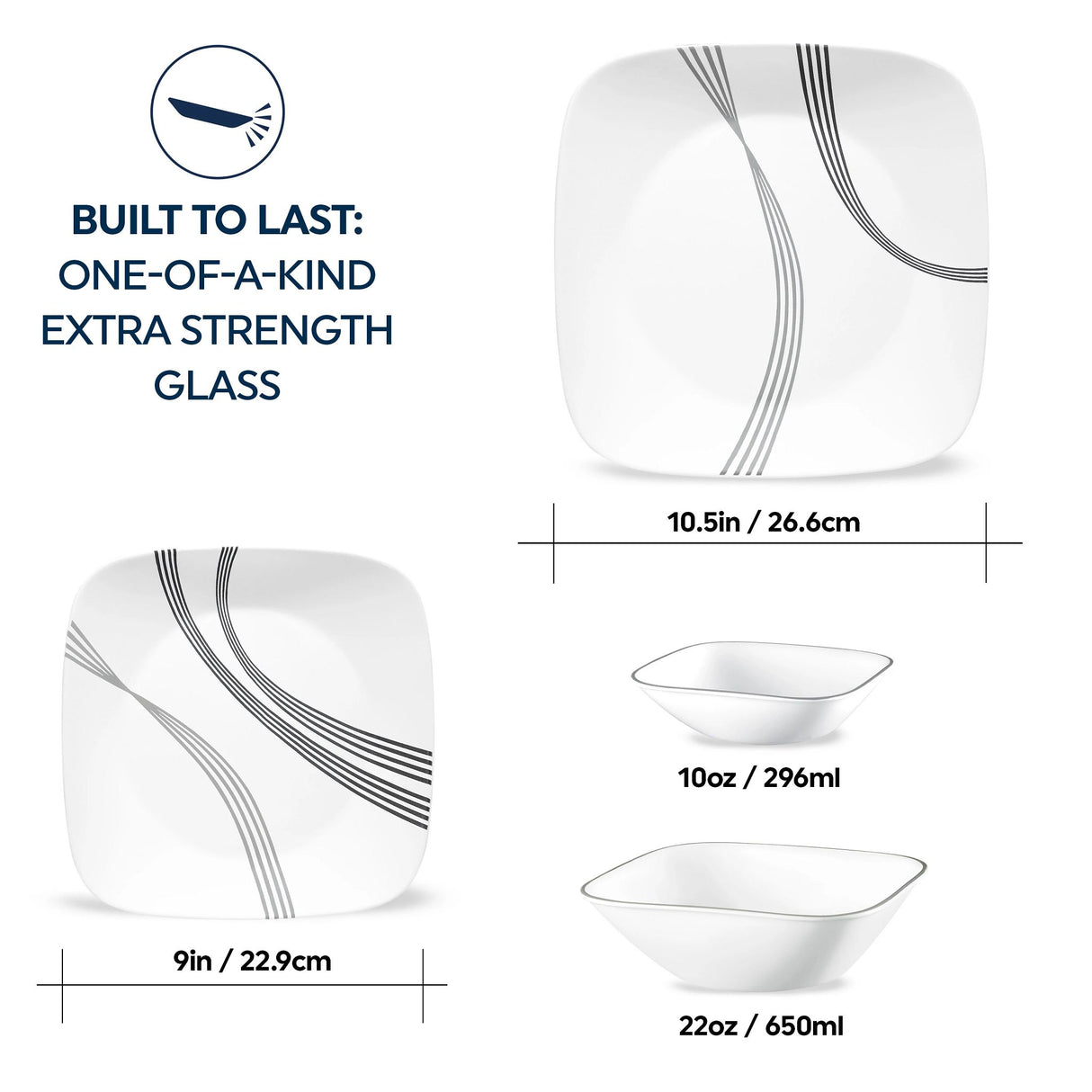  Urban Arc square dinner plate, salad plate, 22oz and 10oz bowls with text built to last one of a kind extra strength glass
