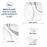  Urban Arc square dinner plate, salad plate, 22oz and 10oz bowls with text built to last one of a kind extra strength glass