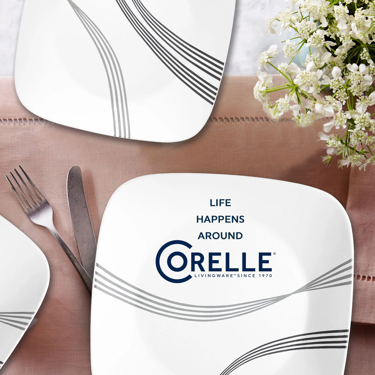 Urban Arc square dinner plaltes on the table with text life happens around Corelle