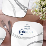 Urban Arc square dinner plaltes on the table with text life happens around Corelle