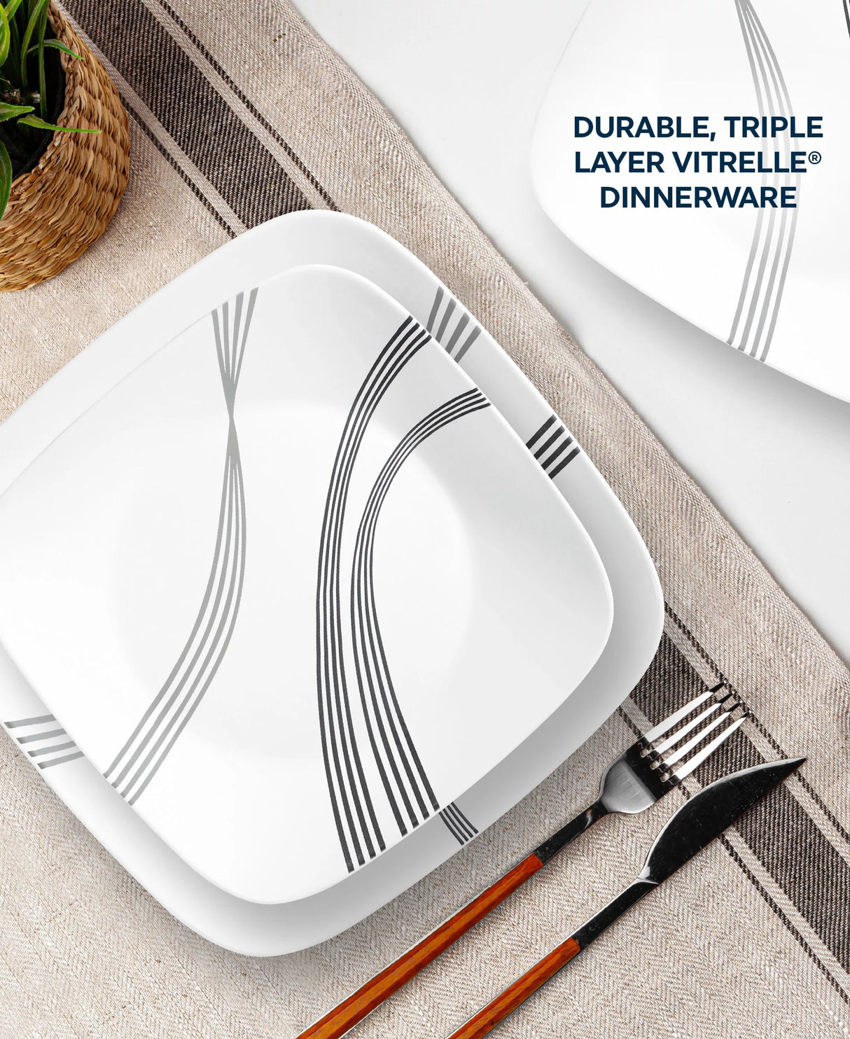  Urban Arc Dinner and Lunch Plate on the table with text durable triple layer vitrelle dinnerwareor 4