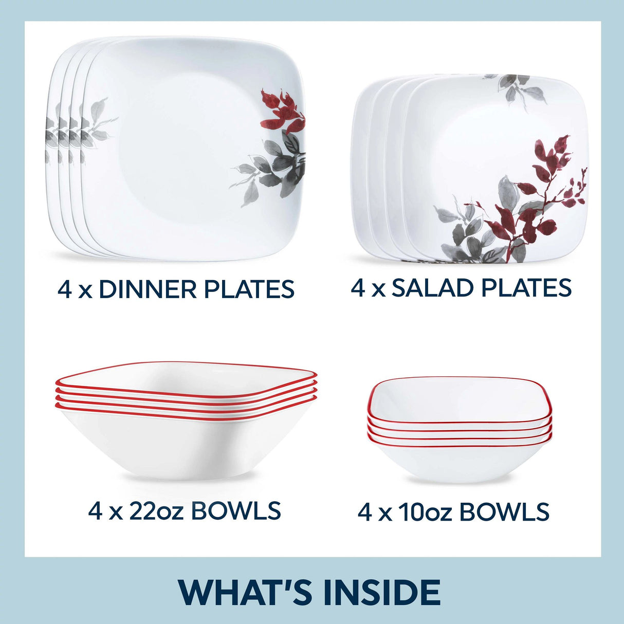  Kyoto Leaves square dinner &amp; lunch plate, cereal and condiment bowl with text "what's inside"