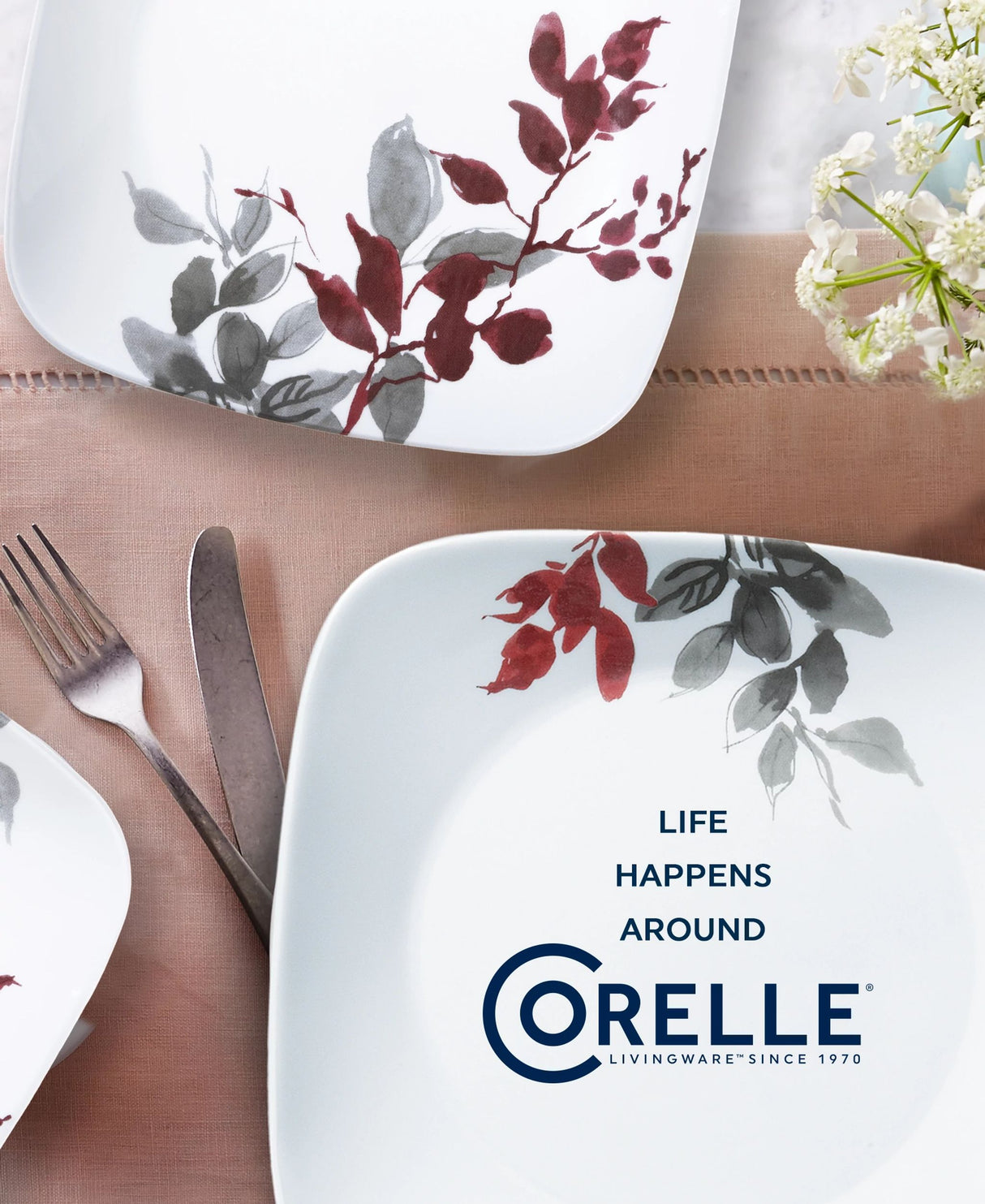  Kyoto Leaves Dinner plates with text life happens around Corelle 