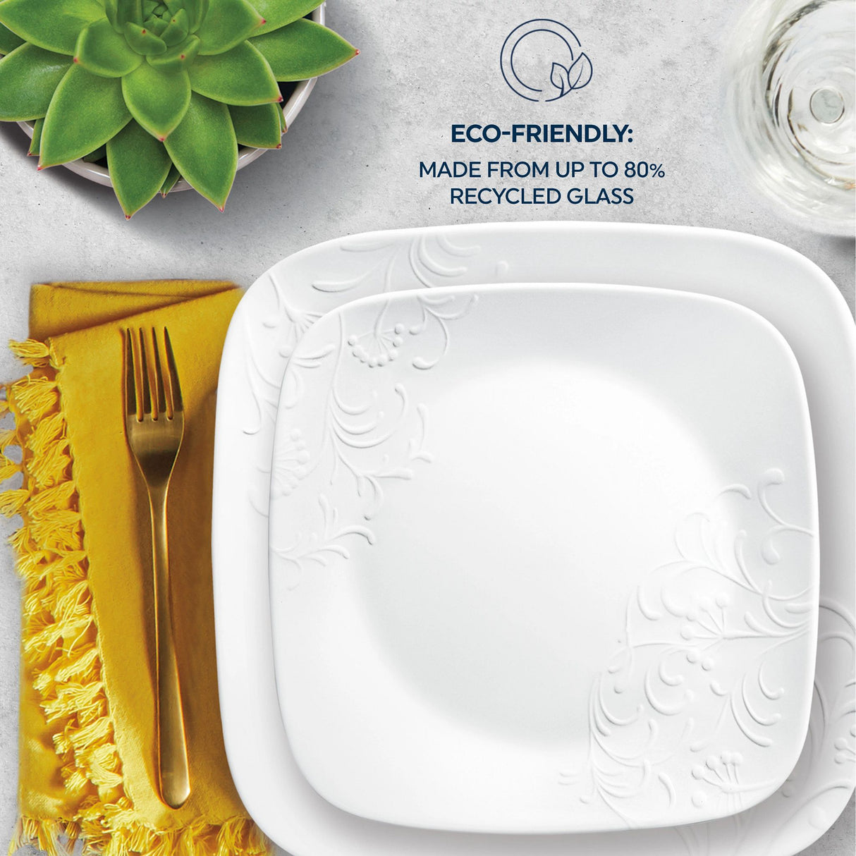  Cherish dinner &amp; salad plate ont he table with text eco-friendly made from up to 80% recycled glass 