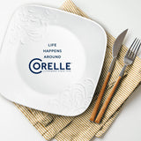  Cherish dinner plate on the table with text life happens around Corelle