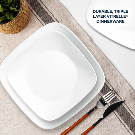  Vivid White dinner &amp; salad plate on table with text durable triple layer Vitrele dinnerware