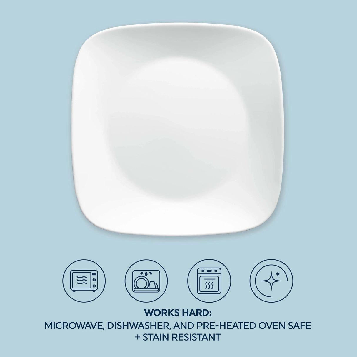  Vivid White dinnerplate with text works hard microwave dishwasher &amp; preheated oven safe &amp; stain resistant