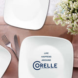  Vivid White dinnerplates on the table with text life happens around Corelle