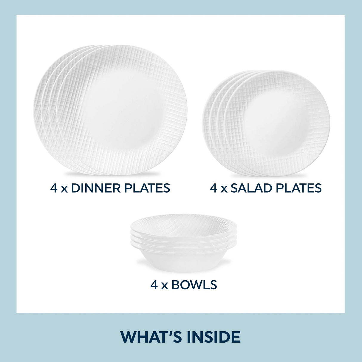  photo of what's inside the Linen Weave set: 4 dinnerplates, 4 salad plates &amp; 4 cereal bowls