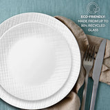  Linen Weave dinner &amp; salad plate on the table with text eco-friendly made from up to 80% recycled glass