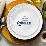  Linen Weave dinner &amp; salad plate on the table with text life happens around Corelle