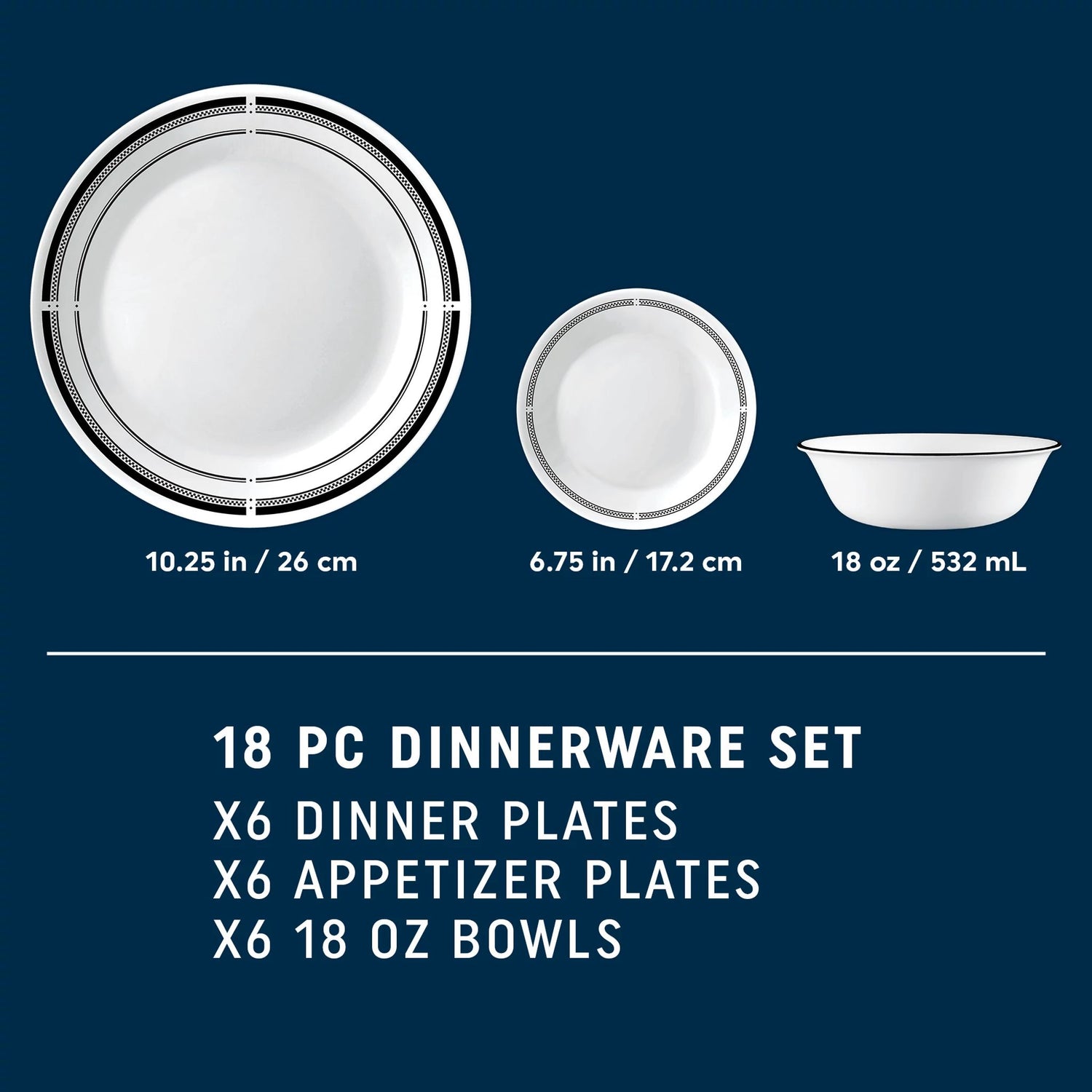  Brasserie 18-piece Dinnerware Set with text 6 dinner plates, 6 appetizer plates, 6: 18-ounce bowls