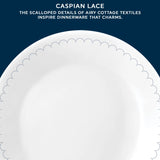  Caspian Lace Dinner Plate with text the scalloped details of airy cottage textiles inspire dinnerware that charms