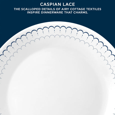  Caspian Lace Dinner Plate with text the scalloped details of airy cottage textiles inspire dinnerware that charms