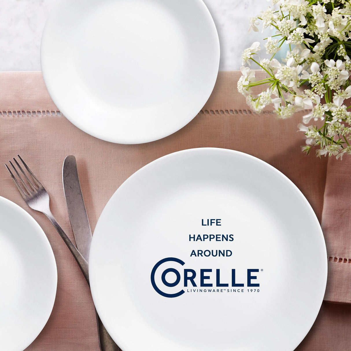  Winter Frost White dinner &amp; appetizer plate with text life happens around corelle