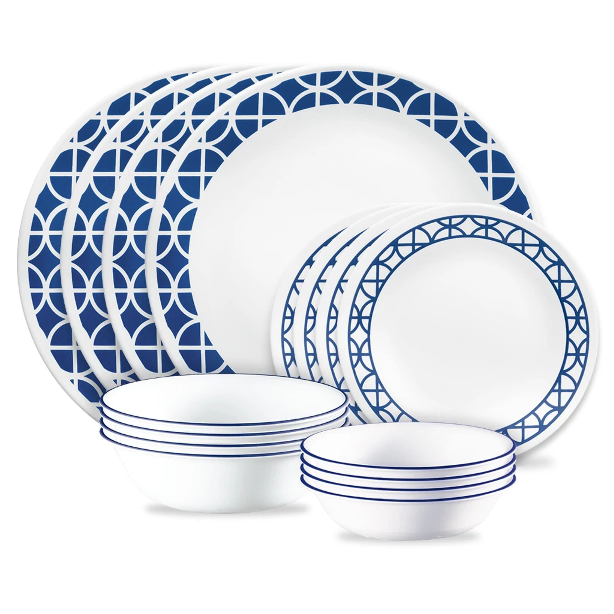 Corelle Cobalt Circles 16 piece Mugless Dinnerware Set Service of 4