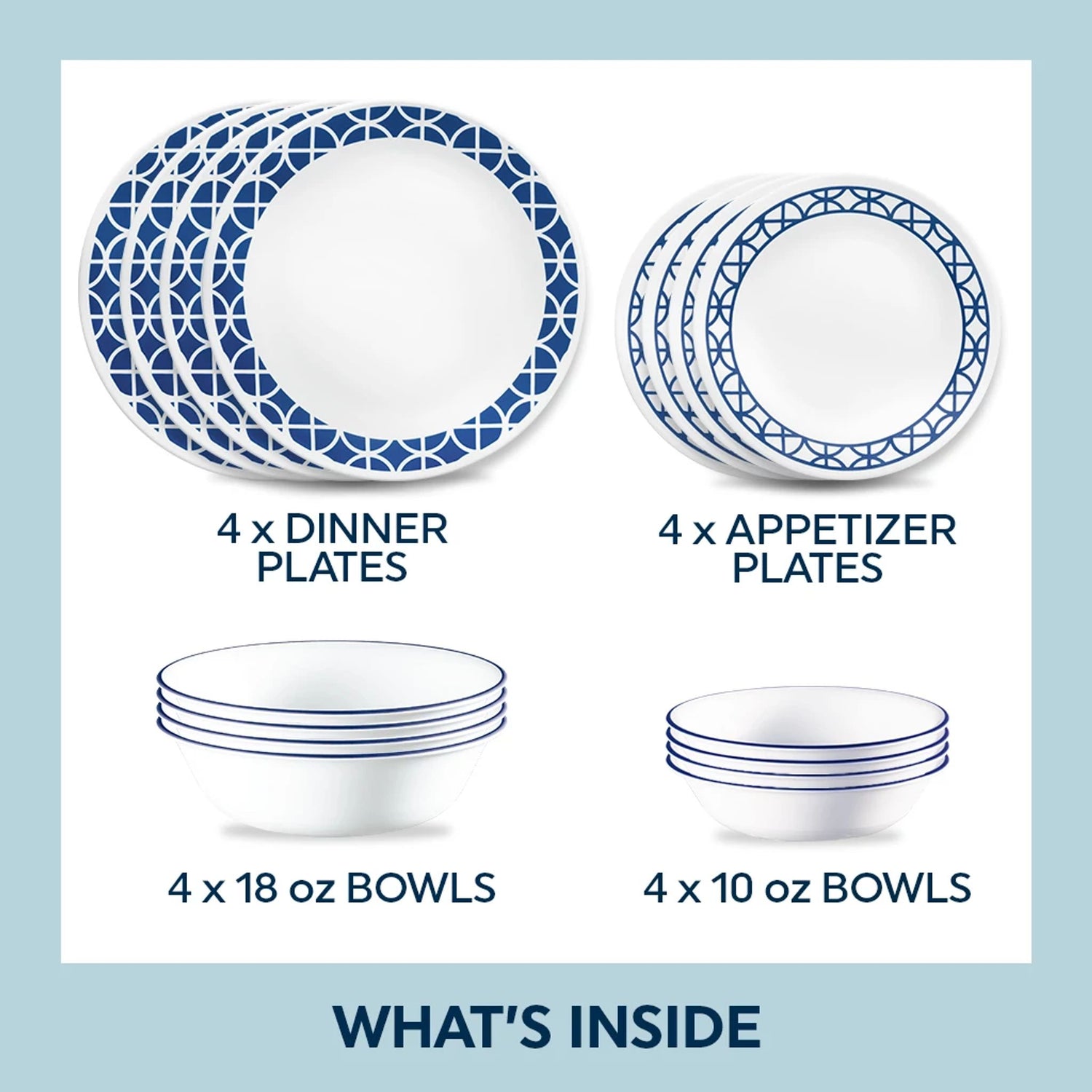  4 Cobalt Circles dinner & appetizer plates, 18oz & 20oz bowls with text what's inside