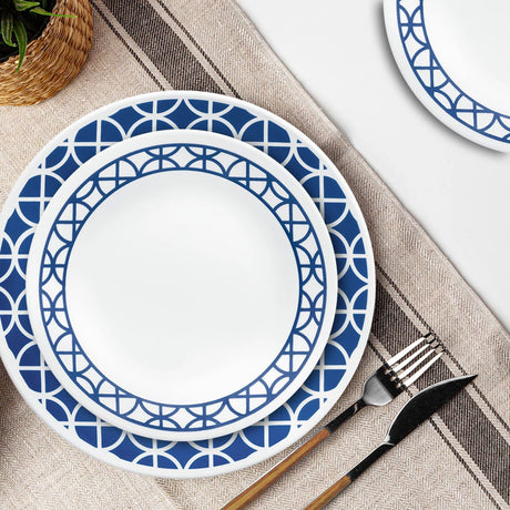  Cobalt Cirles Dinner &amp; Appetizer Plates on table with text durable, triple, layer vitrelle dinnerware