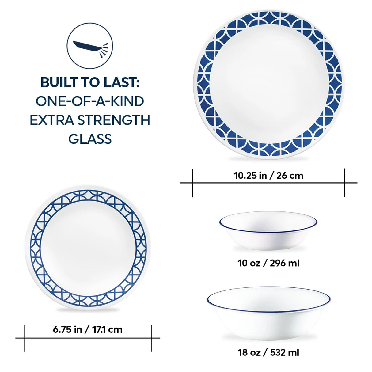  Cobalt circle dinner, appetizer plates &amp; bowls with text that says built to last one of a kind extra strength