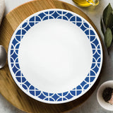  cobalt circles dinnerplate with text life happens around Corelle