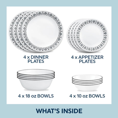  Cusco 4 each: dinner &amp; appetizer plates, 18 &amp; 10oz bowls with text what's inside