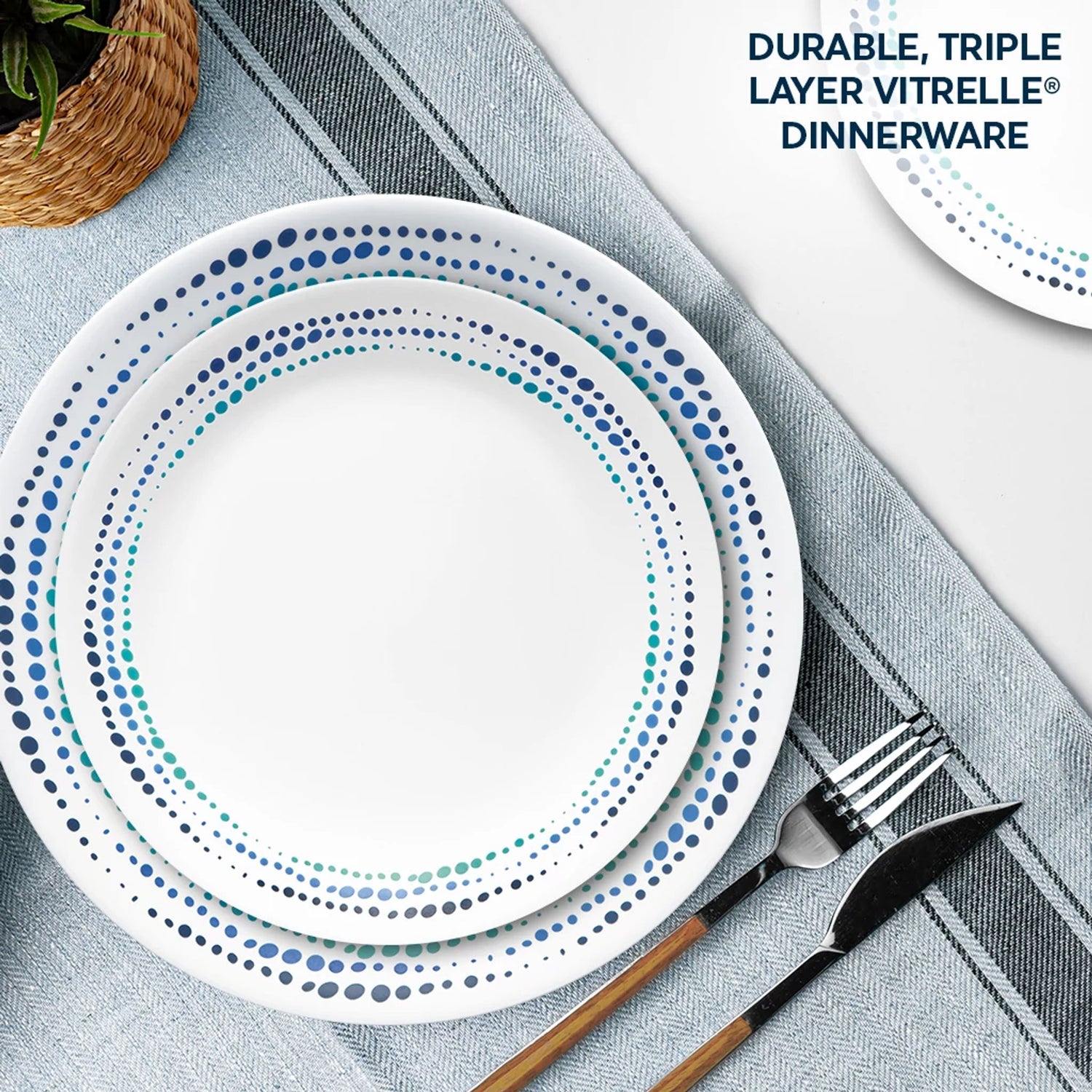  Dinner & Appetizer Plate on table with text durable triple layer vitrelle dinnerware