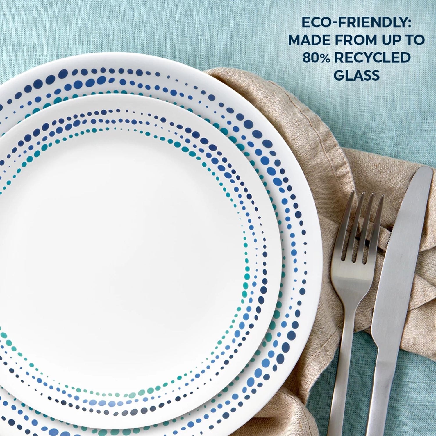  Ocean & Appetizer Plate on the table with text eco-friendly made from up to 80% recycled glass