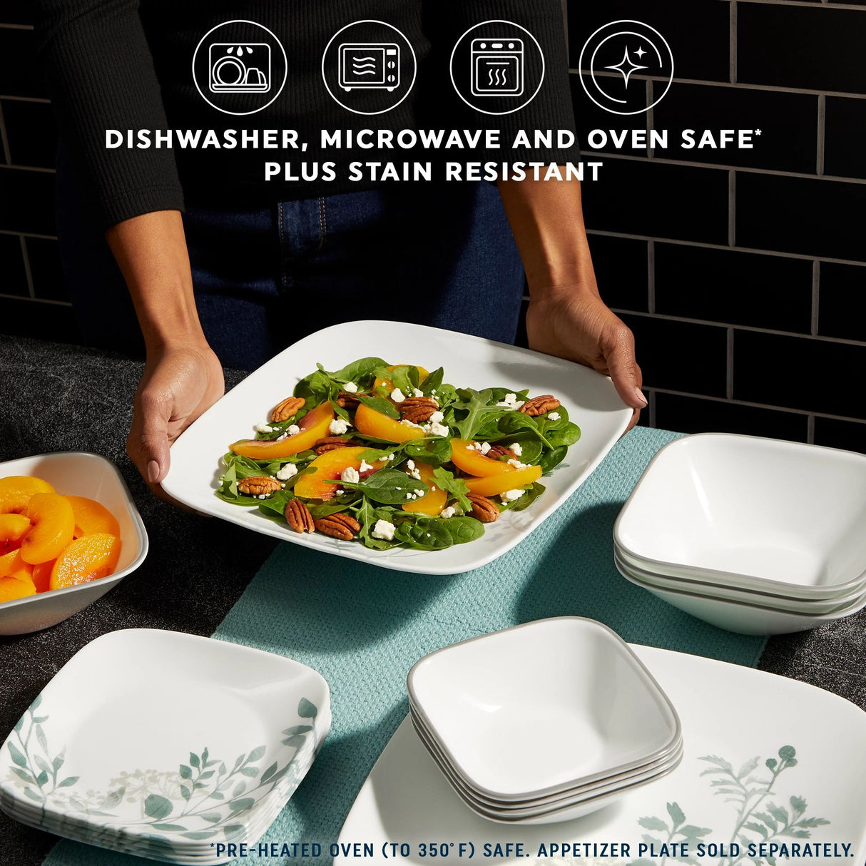  Square Amalie 16-piece Dinnerware Set on tabletop with text dishwasher, microwave, and oven safe plus stain resistant