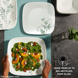  Square Amalie Dinnerware Set on table top with text made from up to 80% recycled pure glass