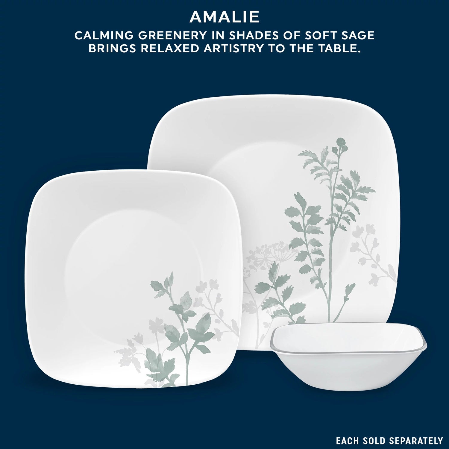  Square Amalie dinnerware set with text calming greenery in shades of soft sage brings relaxed artistry to the table