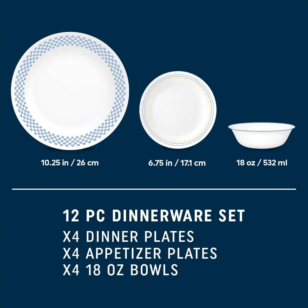  photo of Amelia set showing what set includes 4 each dinner & appetizer plates & cereal bowls