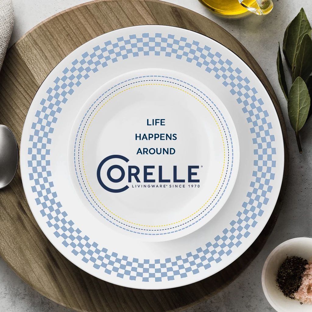  Amelia dinner & appetizer plate with text life happens around Corelle