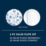  Botanical Stripes 8.5” Salad Plates with text 6-pc, 3 botantical &amp; 3 stripe salad plates