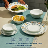  Anders dinnerware on table with text dishwasher, microwave &amp; ovensafe plus stain resistant