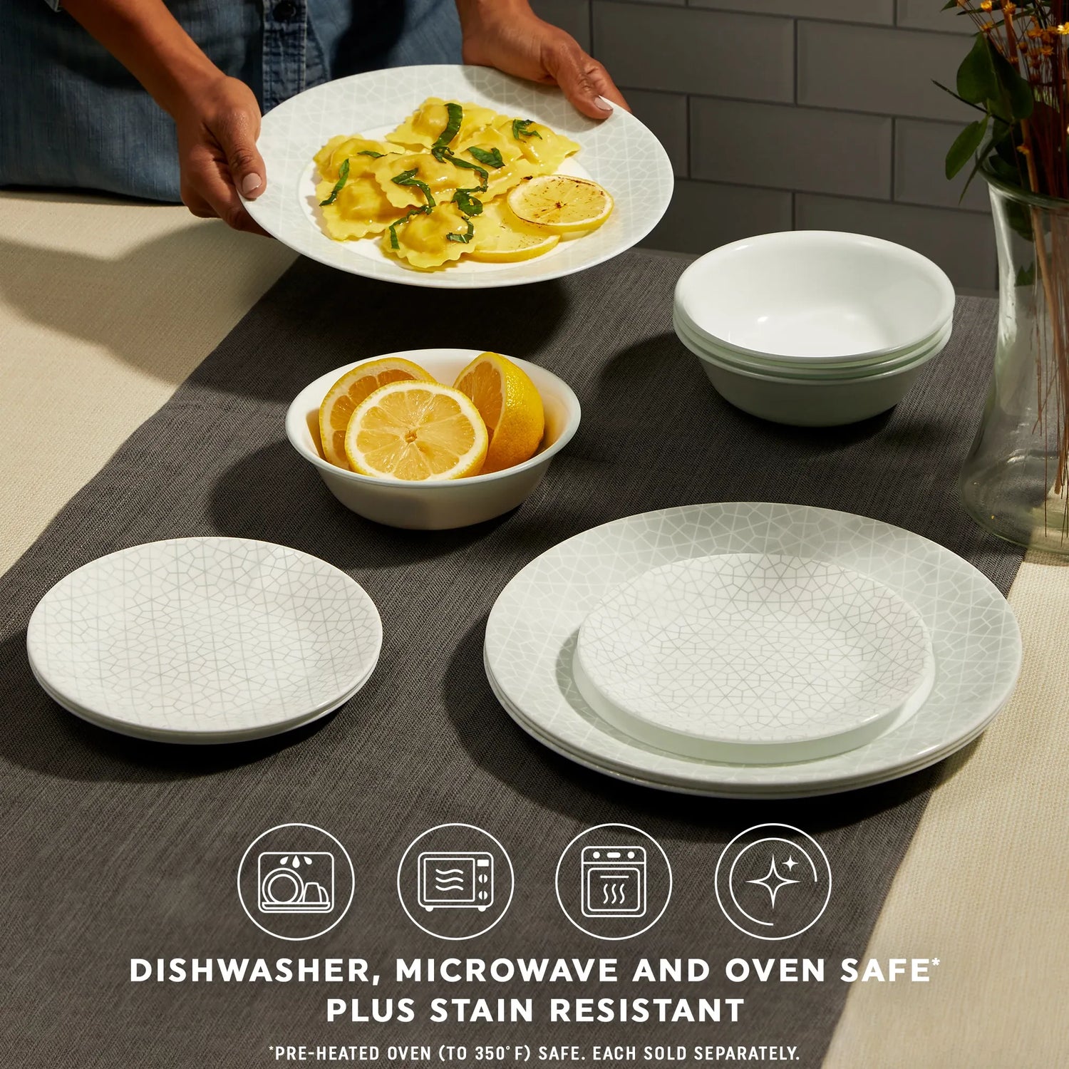  Knox Dinnerware set on table with text dishwasher, microwave & ovensafe plus stain resistant
