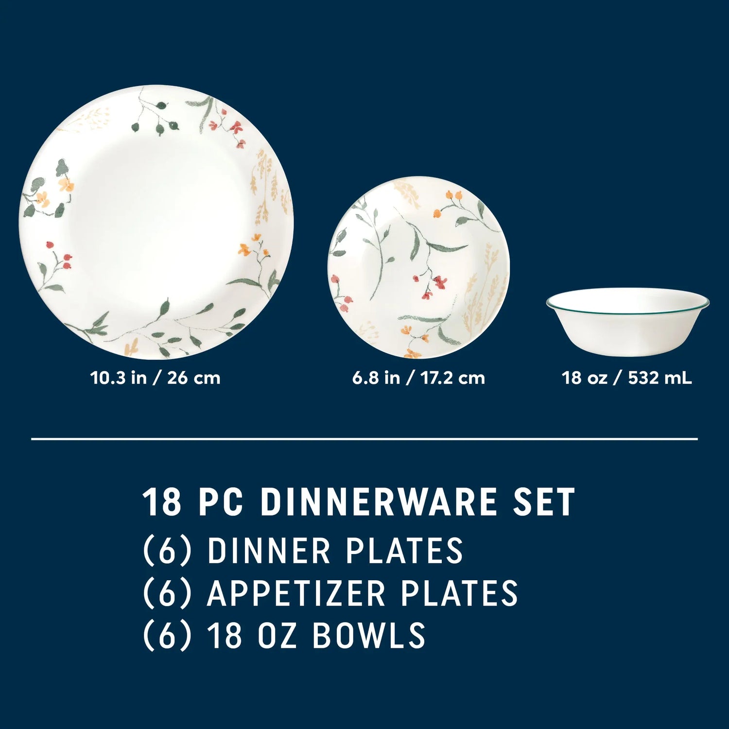  WIldflower Scatter dinner, appetizer plate & bowl showing sizes for each