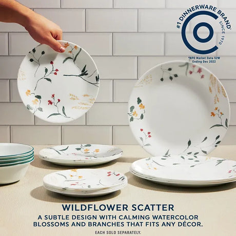  Wildflower Scatter dinnerware on table with text #1 dinnerware brand