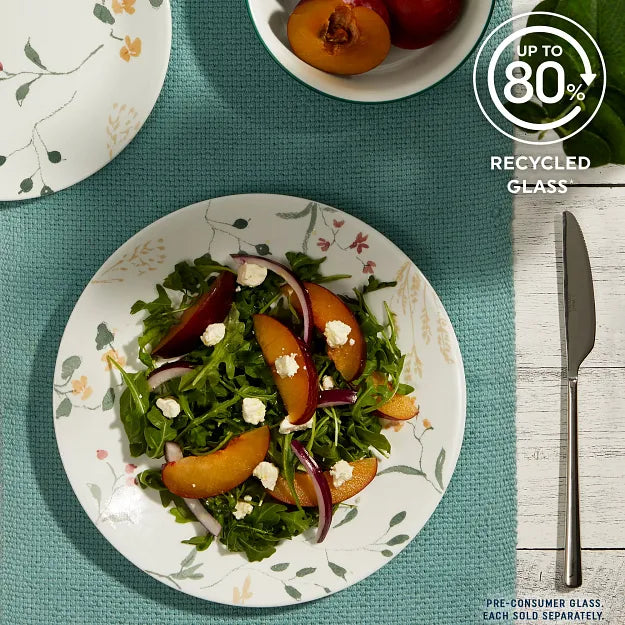  Wildflower Scannter dinner &amp; appetizer plate &amp; cereal bowl with text up to 80% recycled glass
