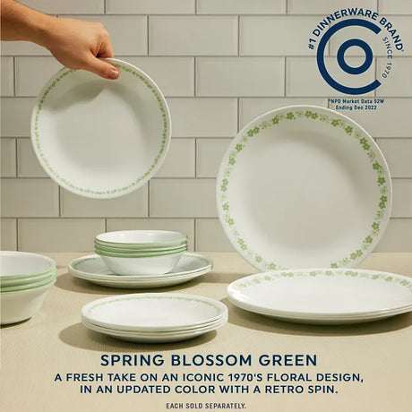  Spring Blossom Green 10.3" Dinner Plate shown with set, text #1 dinnerware brand, a fresh take on iconic 1970s floral design