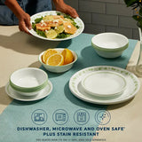  Spring Blossom Green dinnerware on the table with text dishwasher, microwave &amp; ovensafe plus stain resistant