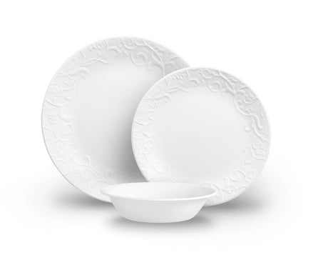 Bella Faenza 18-piece Dinnerware Set shows dinner plate, salad plate, 18-oz cereal bowl