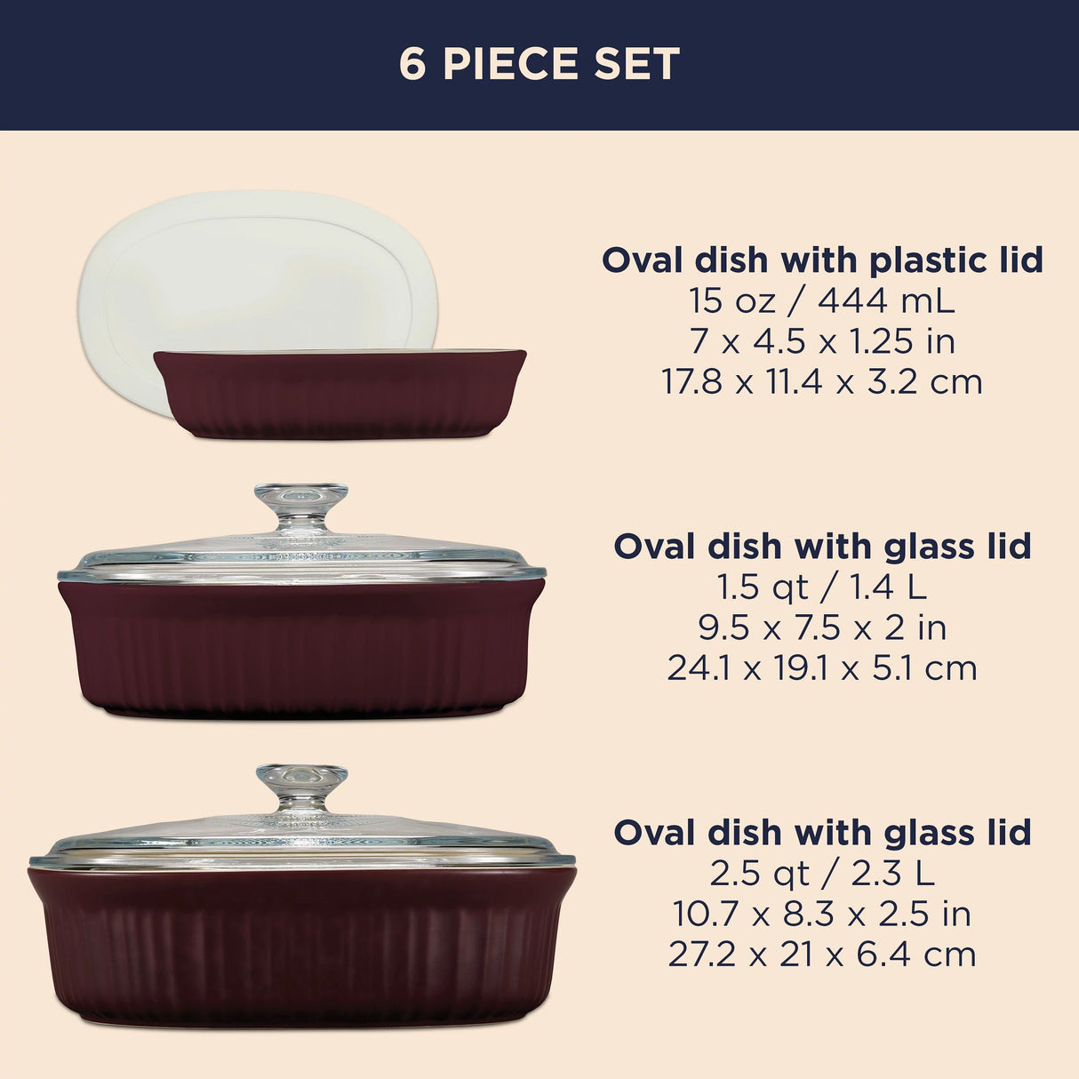  French Colors 6-piece Bakeware Set, Cabernet shown with dimensions of each bakeware dish