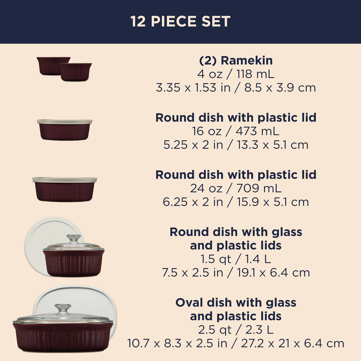  French Colors 12-piece Bakeware, Cabarnet dimensions